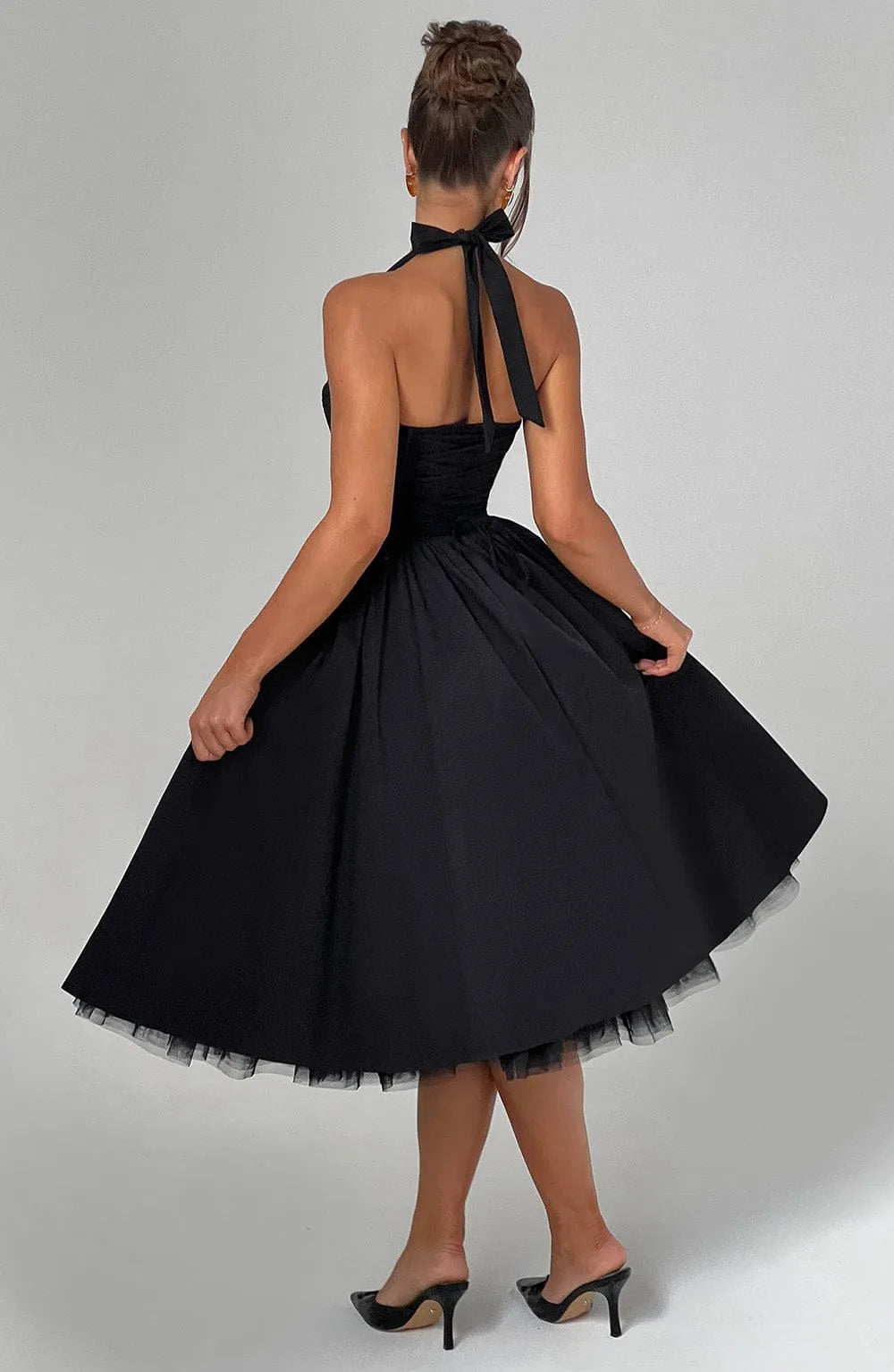 Women's A-Line Elegant Midi Wedding Guest Dress with Halter Neckline