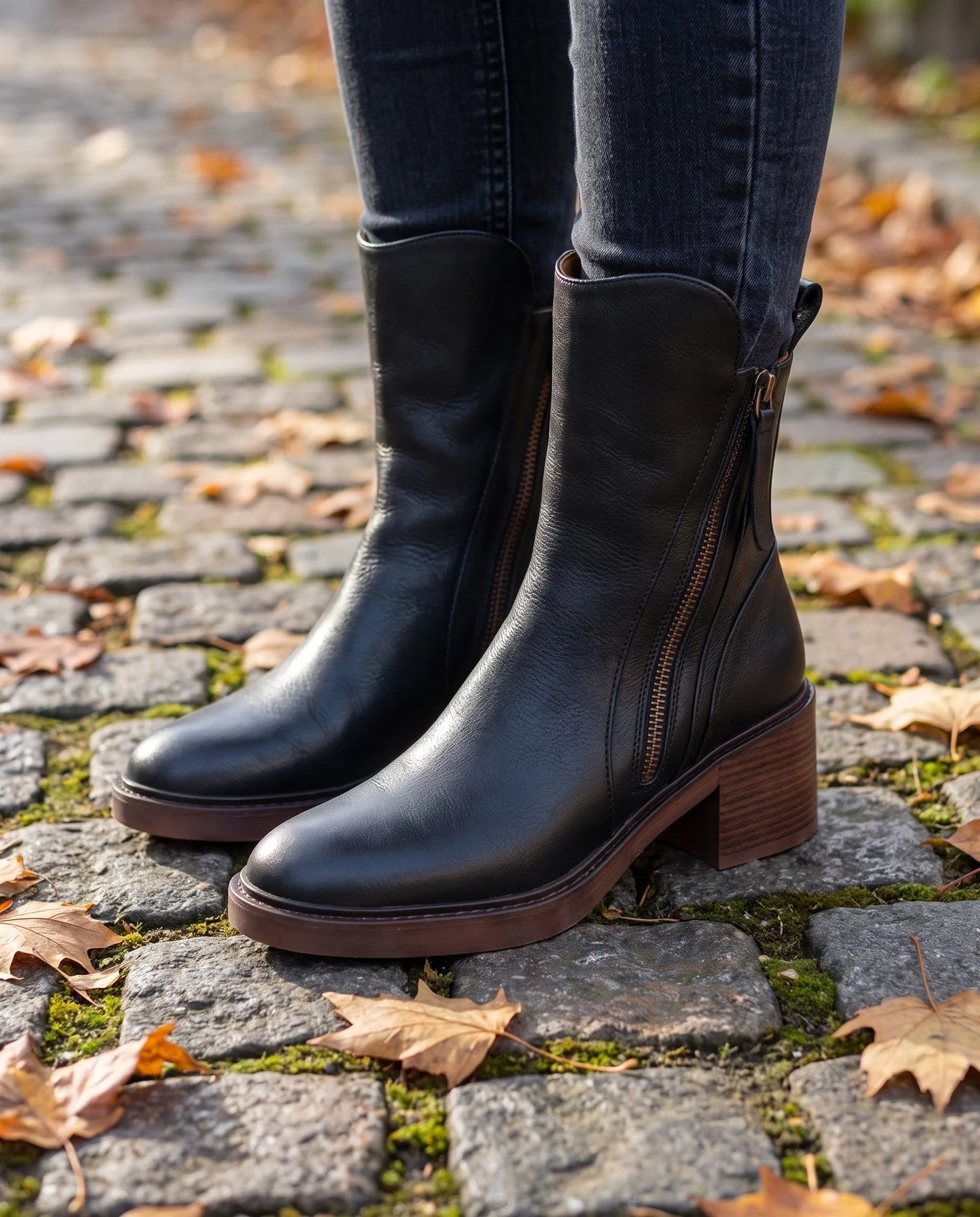 Women's Ankle Block Heel Boots with Side Zipper