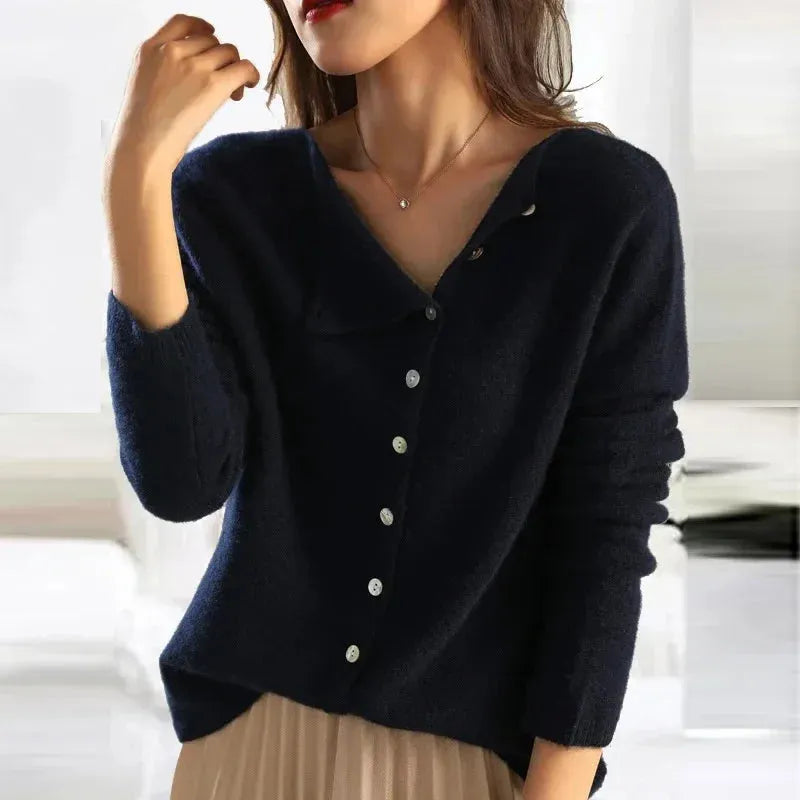 Women's Button-Front Cardigan with Button Closure and Ribbed Cuffs
