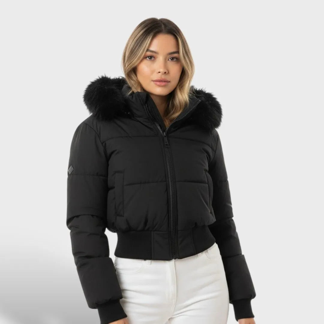 Women's Cropped Fluffy Jacket with Fur Trim