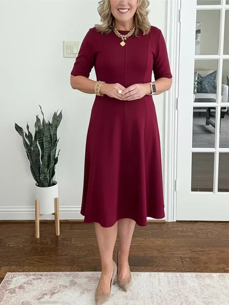 Women's Elegant A-Line Midi Wedding Guest Dress with Crew Neck