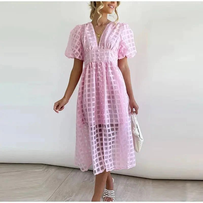 Women's Elegant A-Line Midi Wedding Guest Dress with Puff Sleeves