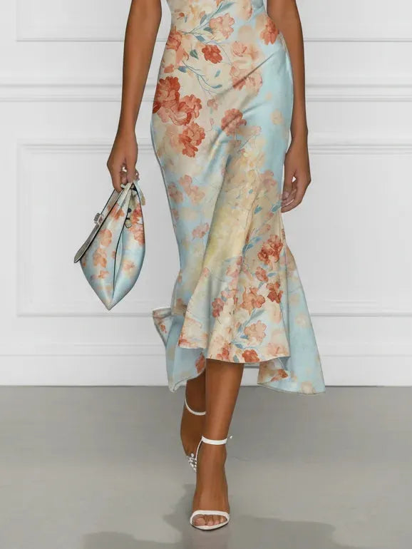 Women's Elegant Floral Maxi Wedding Guest Dress with Off Shoulder Neckline
