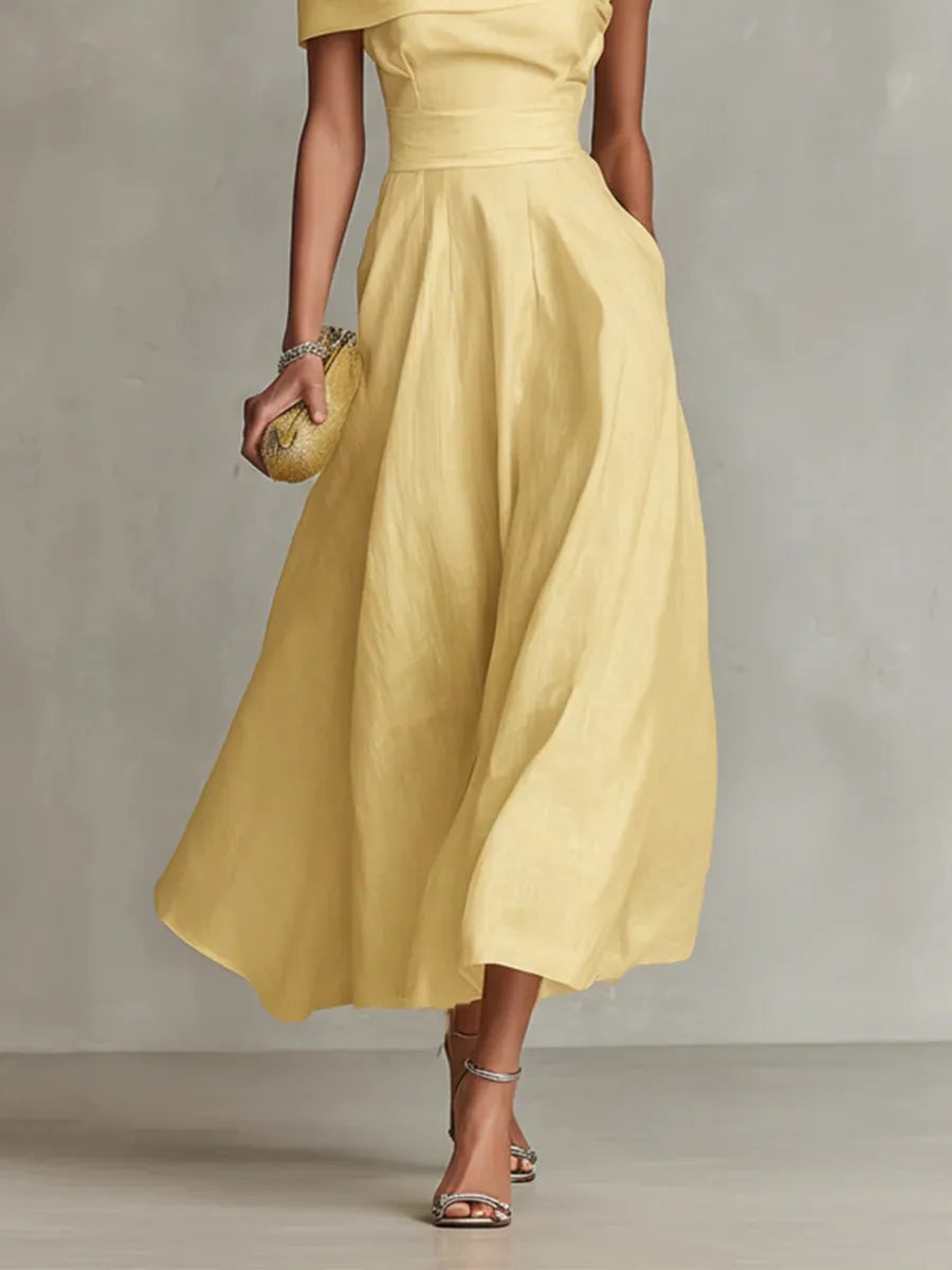 Women’s Elegant Flowy Maxi Wedding Guest Dress with Asymmetric Neckline
