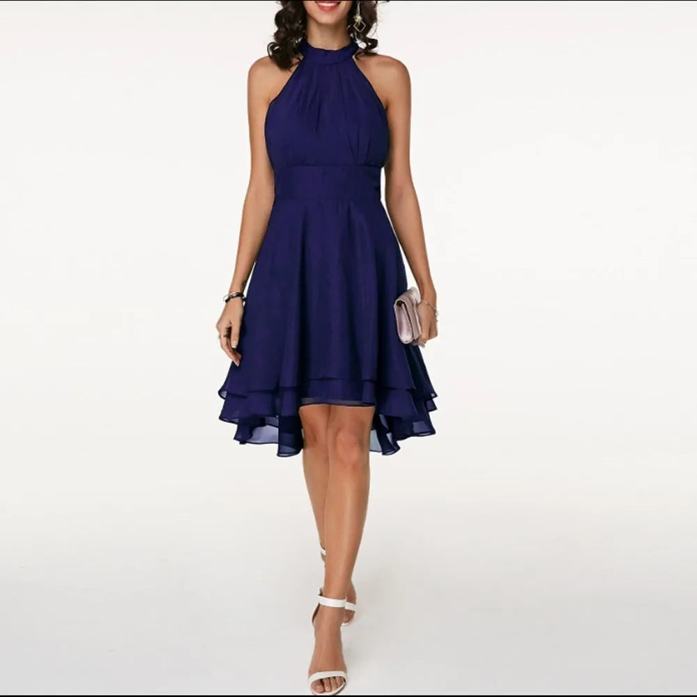 Women's Elegant Pleated Midi Wedding Guest Dress with Halter Neck
