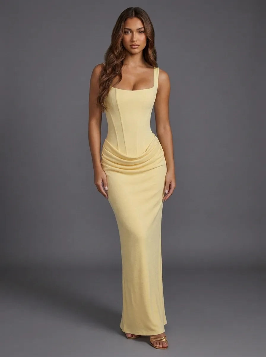 Women's Elegant Ruched Maxi Wedding Guest Dress with Square Neck – Owen & Sophine