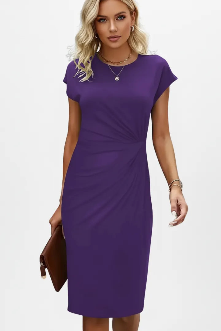 Women’s Elegant Ruched Midi Wedding Guest Dress with Cap Sleeves