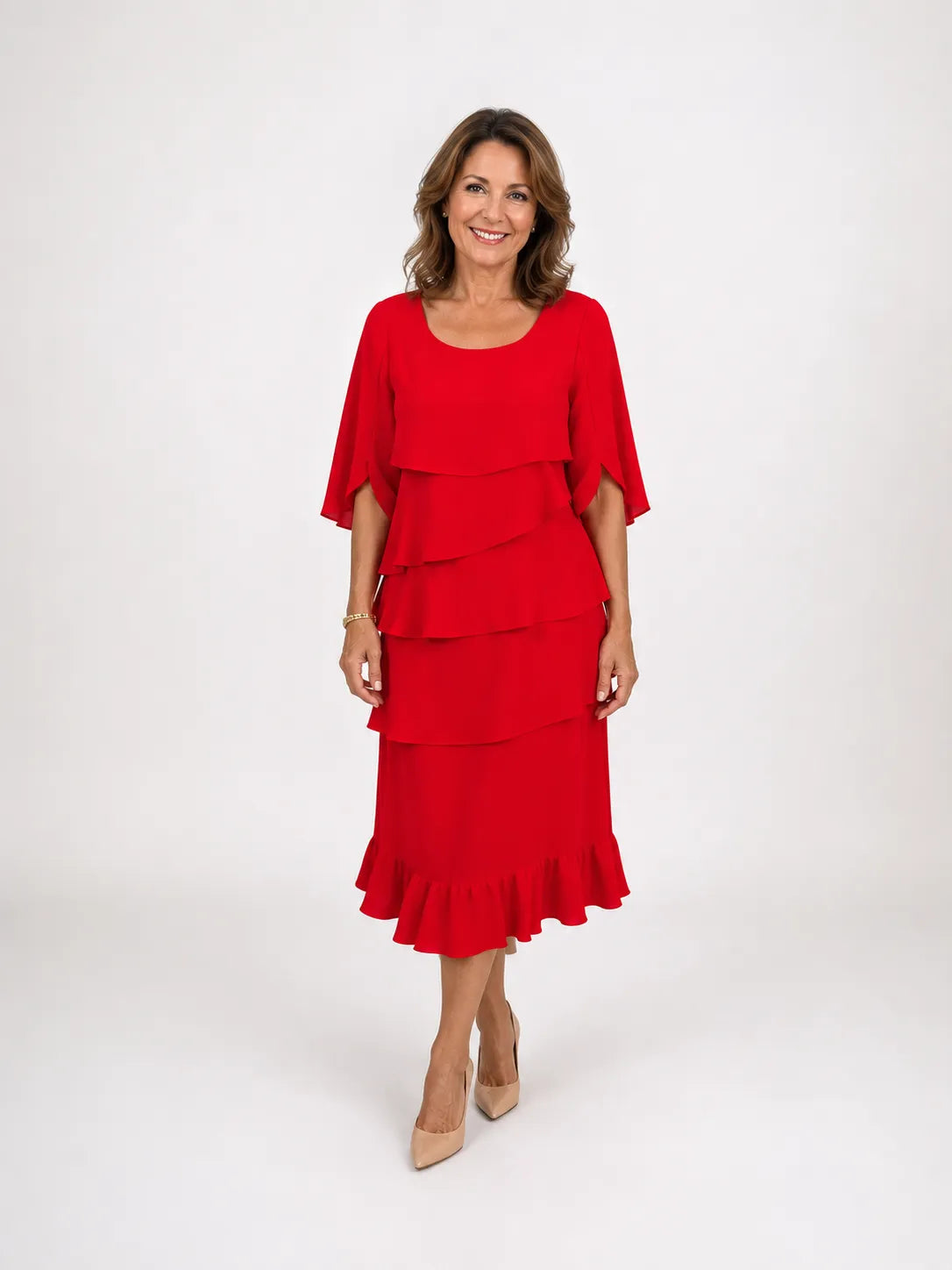 Women’s Elegant Ruffle Midi Wedding Guest Dress with Split Sleeves
