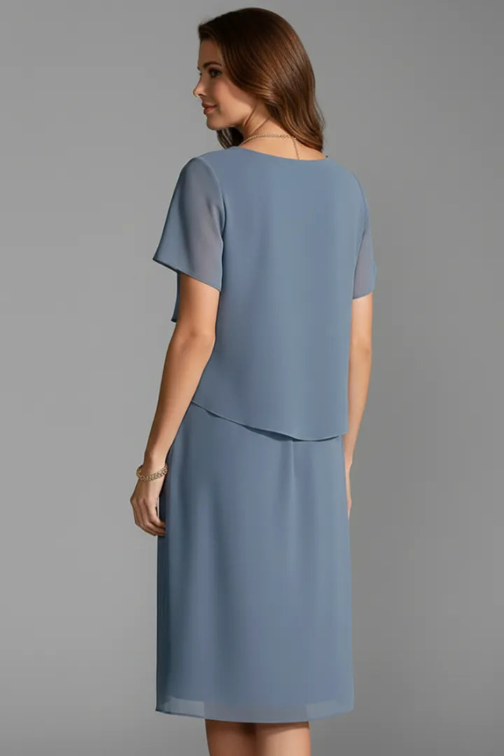 Women’s Elegant Short Sleeve Midi Wedding Guest Dress with Layered Front