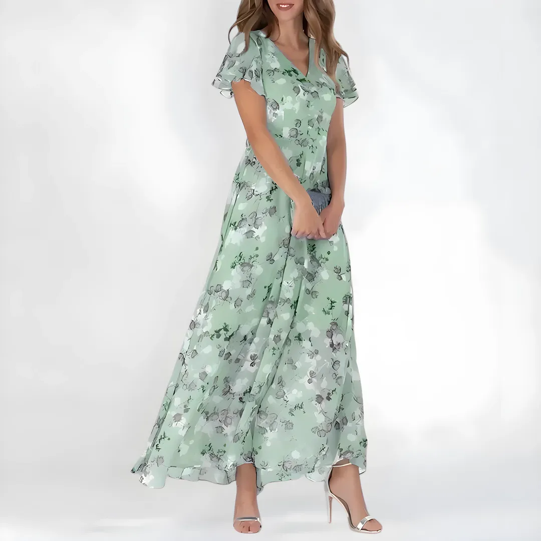 Women's Elegant V-Neck Maxi Wedding Guest Dress with Flutter Sleeve