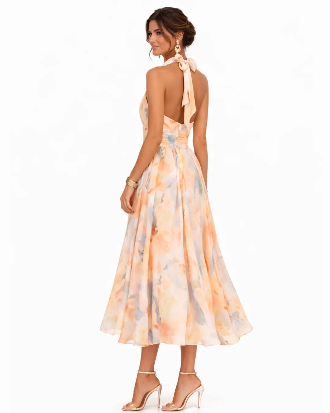Women's Floral Backless Midi Wedding Guest Dress with High Neck
