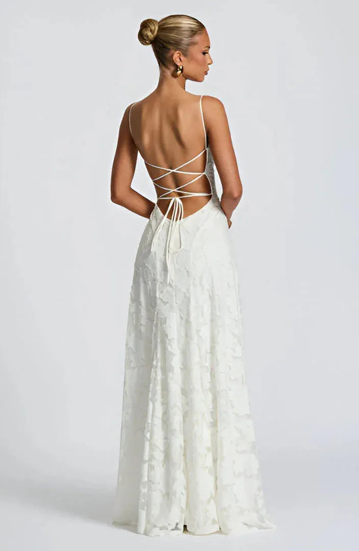 Women's Floral Elegant Maxi Wedding Guest Dress with Open Back