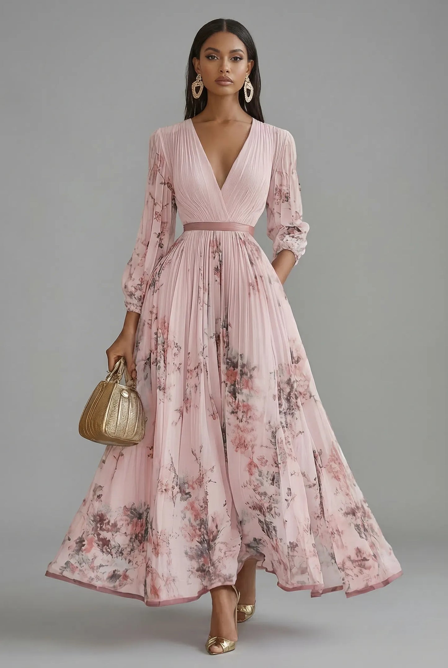 Women's Floral Elegant Maxi Wedding Guest Dress with V-Neck