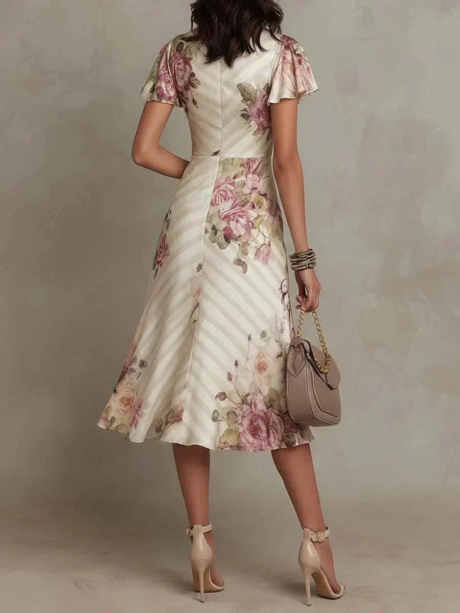 Women's Floral Wrap Midi Wedding Guest Dress with V-Neck