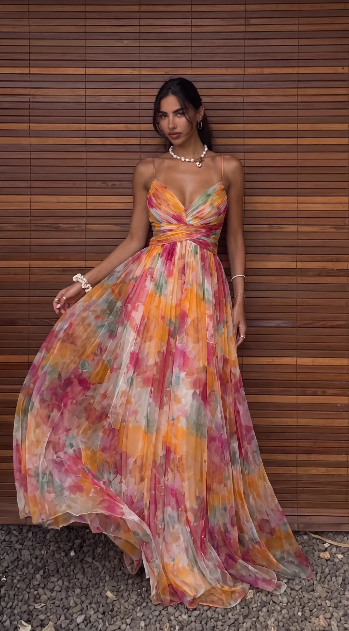 Women's Flowy Floral Maxi Wedding Guest Dress with V-Neck – Owen & Sophine