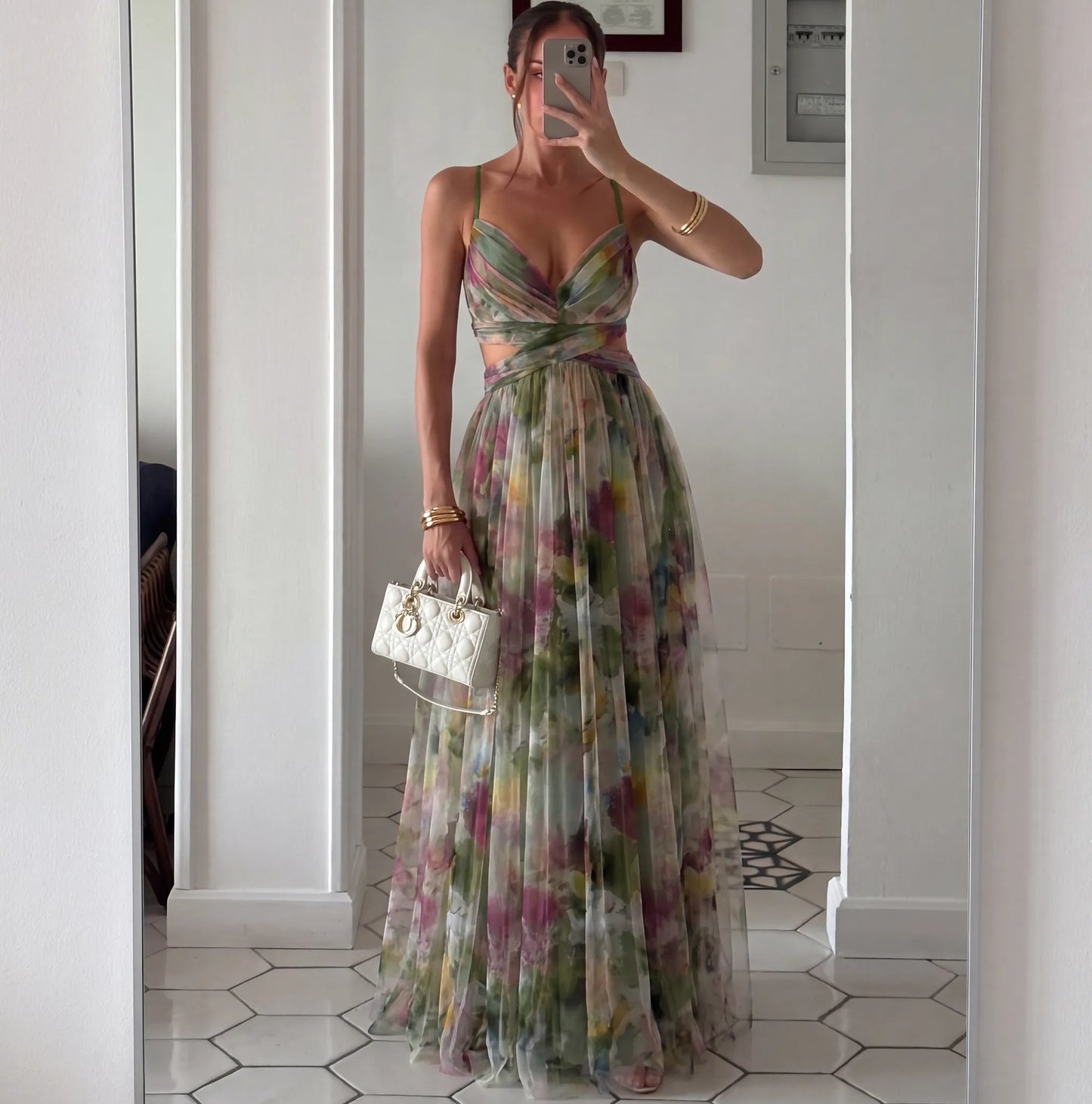 Women's Flowy Floral Maxi Wedding Guest Dress with V-Neck