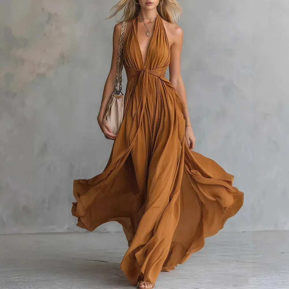 Women’s Flowy Pleated Maxi Wedding Guest Dress with Halter Neck