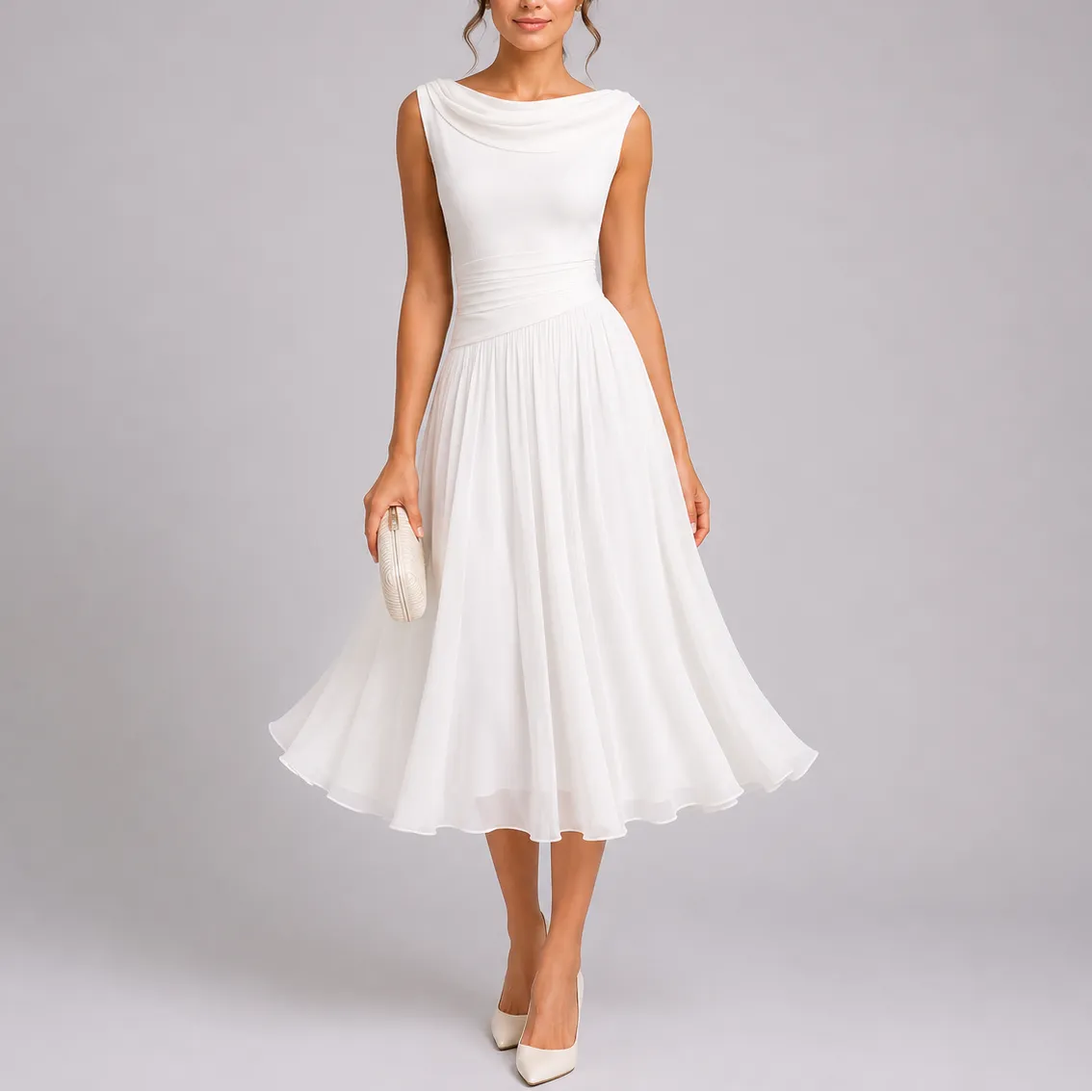 Women's Pleated Flowy Midi Wedding Guest Dress with Draped Neckline