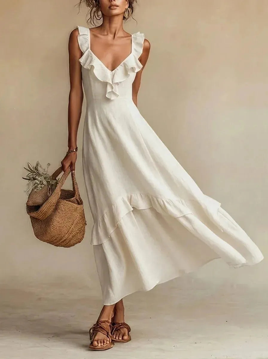 Women's Ruffle A-Line Maxi Wedding Guest Dress with V-Neck