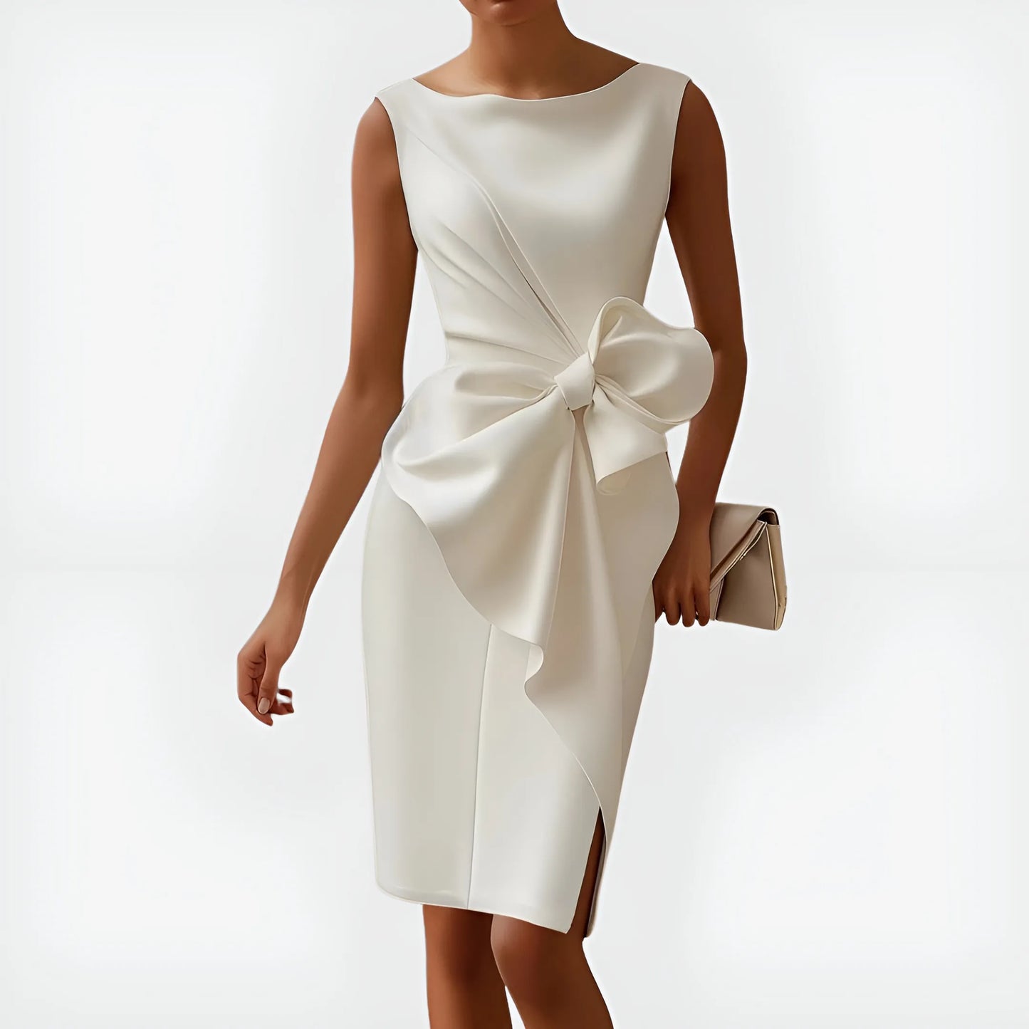 Women's Sleeveless Elegant Midi Wedding Guest Dress with Boat Neck