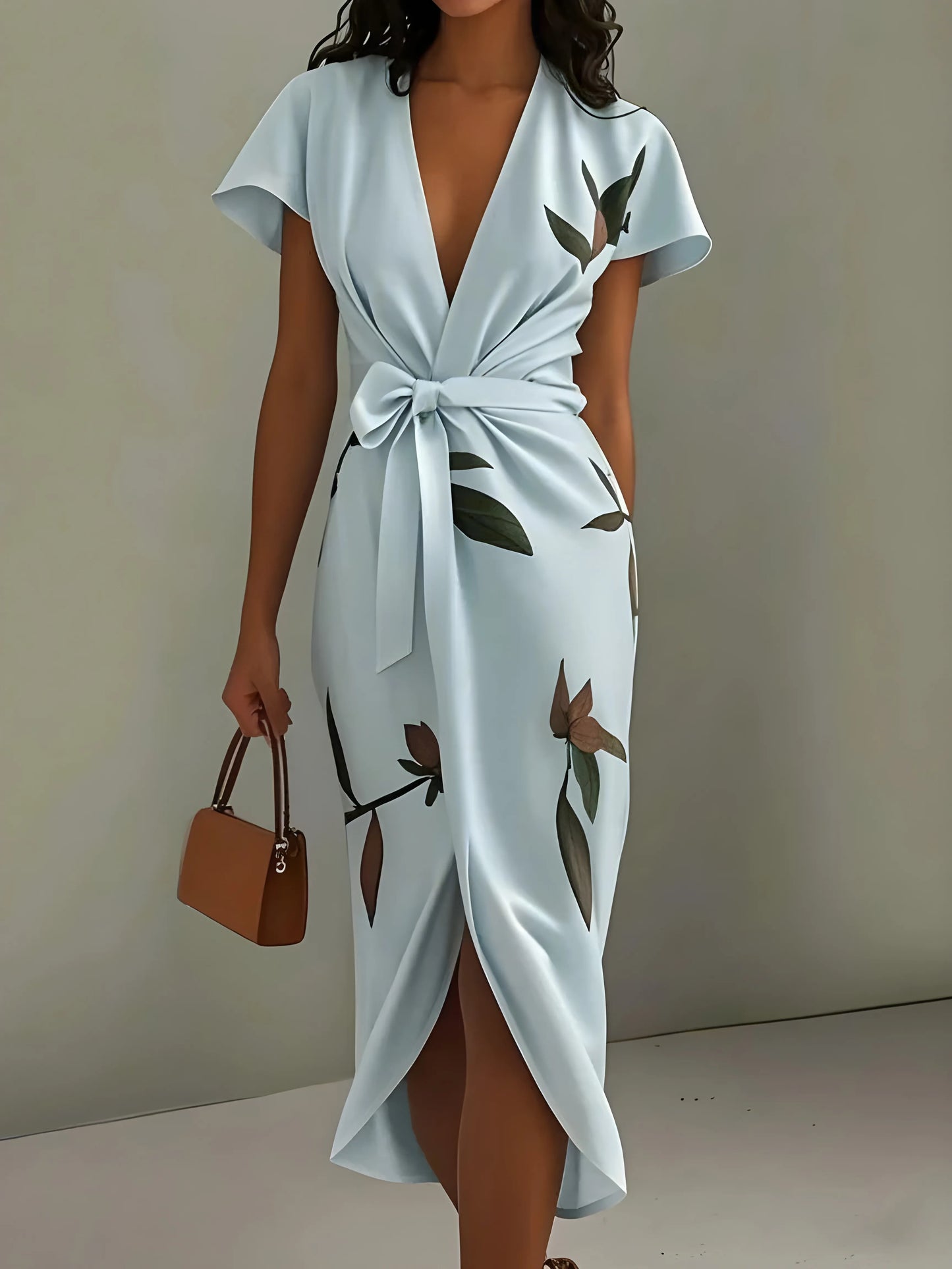 Women's Wrap Elegant Midi Wedding Guest Dress with V-Neck