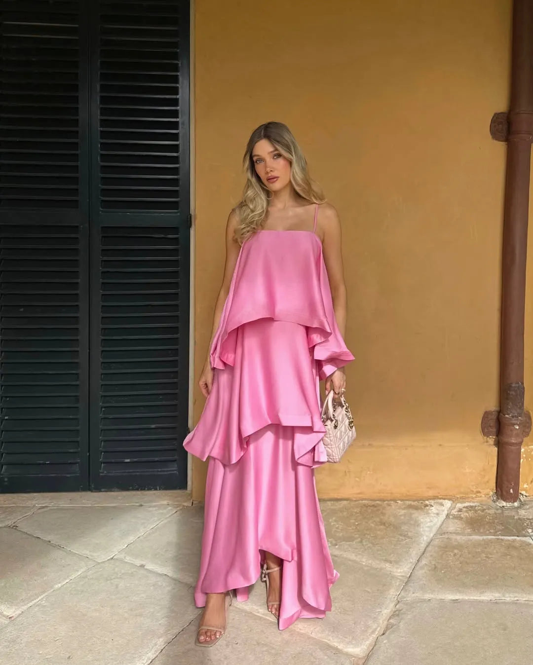 Women's Elegant Ruffle Maxi Wedding Guest Dress with Spaghetti Straps