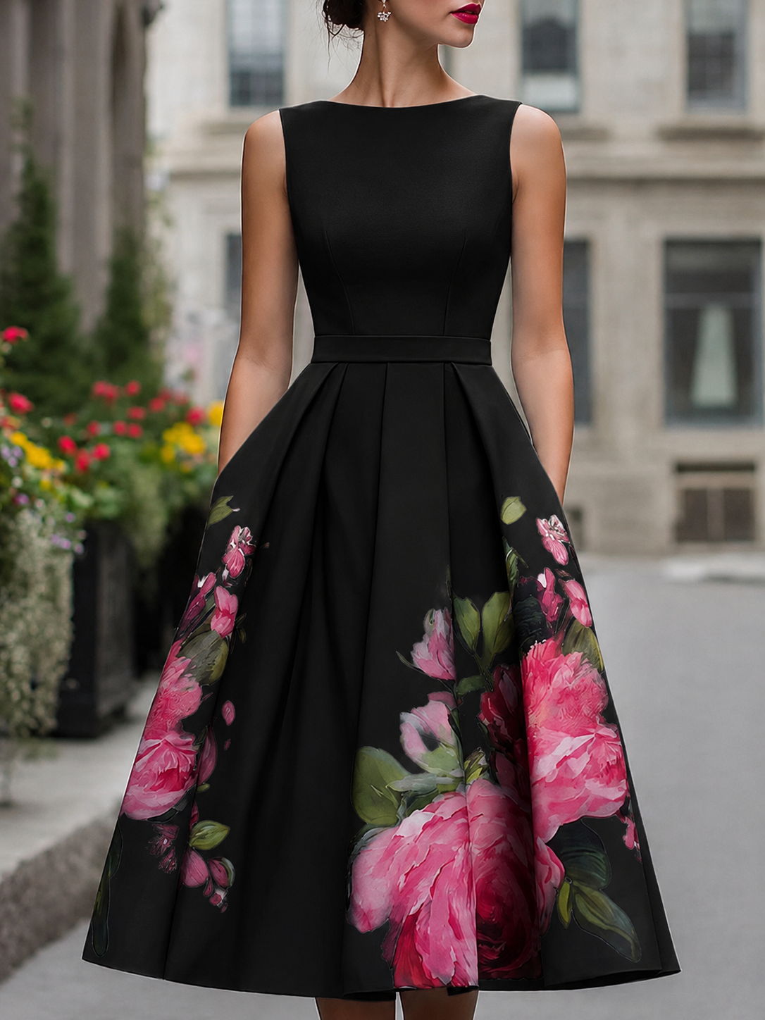 Women's A-Line Floral Midi Wedding Guest Dress with Boat Neck