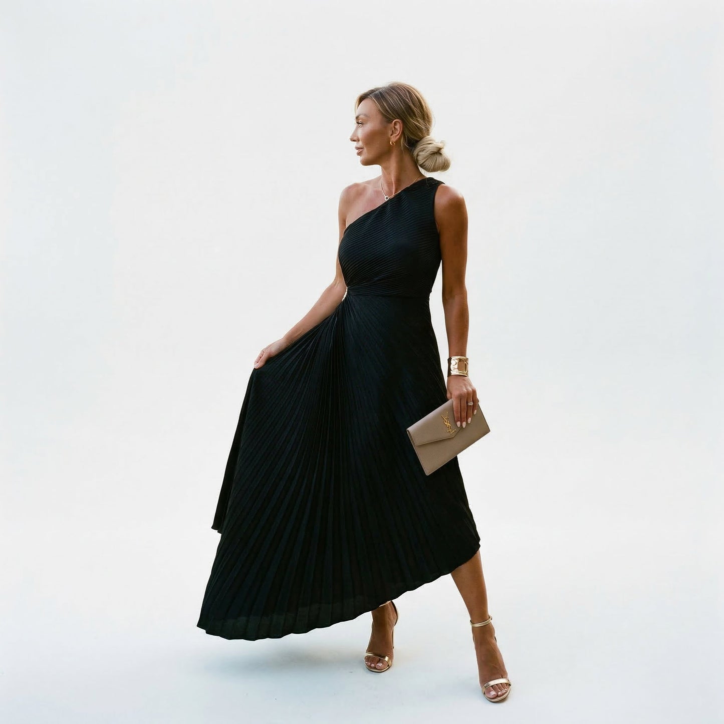 Women's Pleated A-Line Maxi Wedding Guest Dress with Asymmetric Neckline