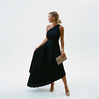 Women's Pleated A-Line Maxi Wedding Guest Dress with Asymmetric Neckline