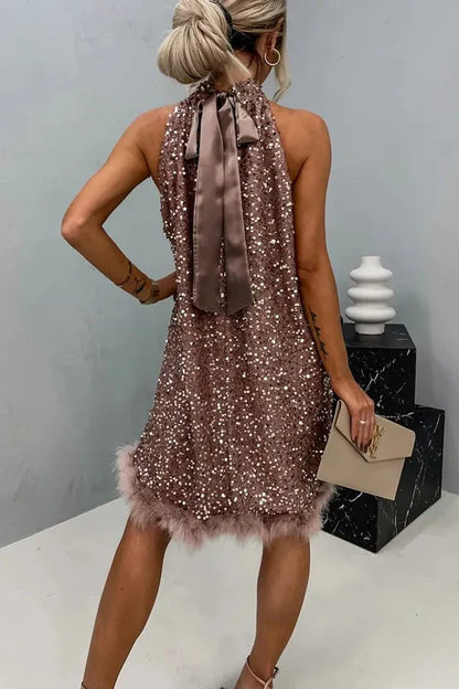 Women's Sequin Holiday Mini Wedding Guest Dress with High Neck