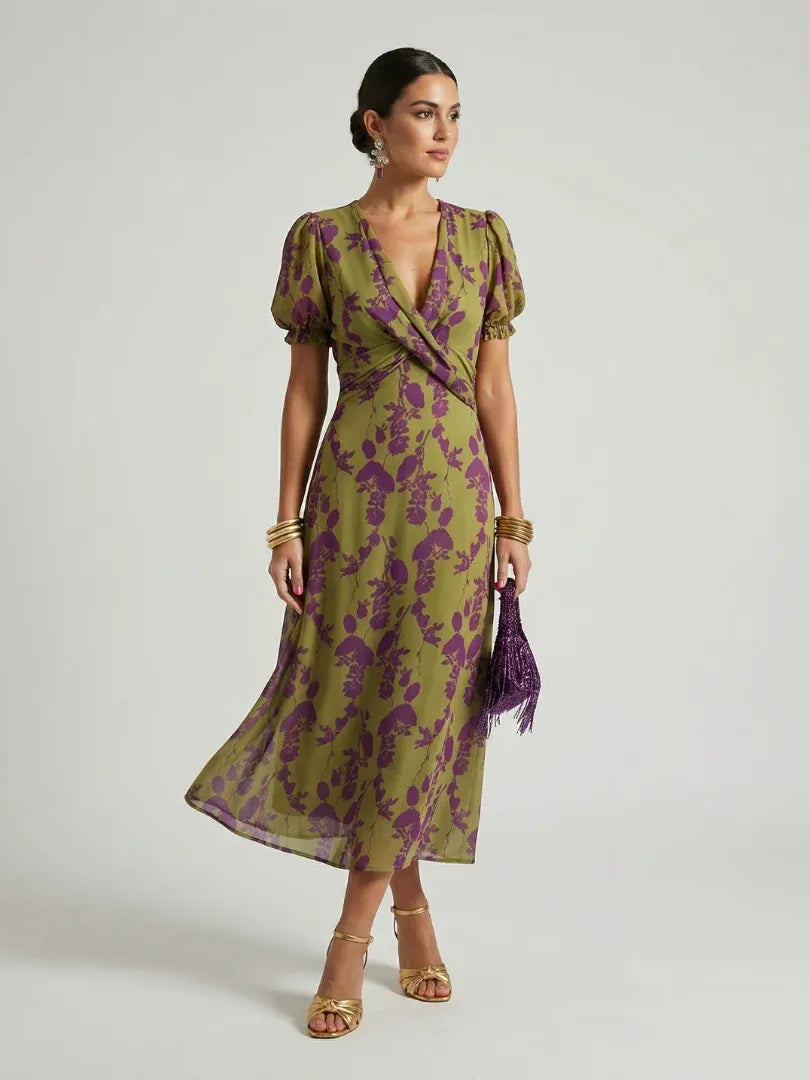 Women’s Floral Wrap Midi Wedding Guest Dress with Puff Sleeves