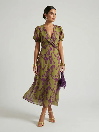 Women’s Floral Wrap Midi Wedding Guest Dress with Puff Sleeves