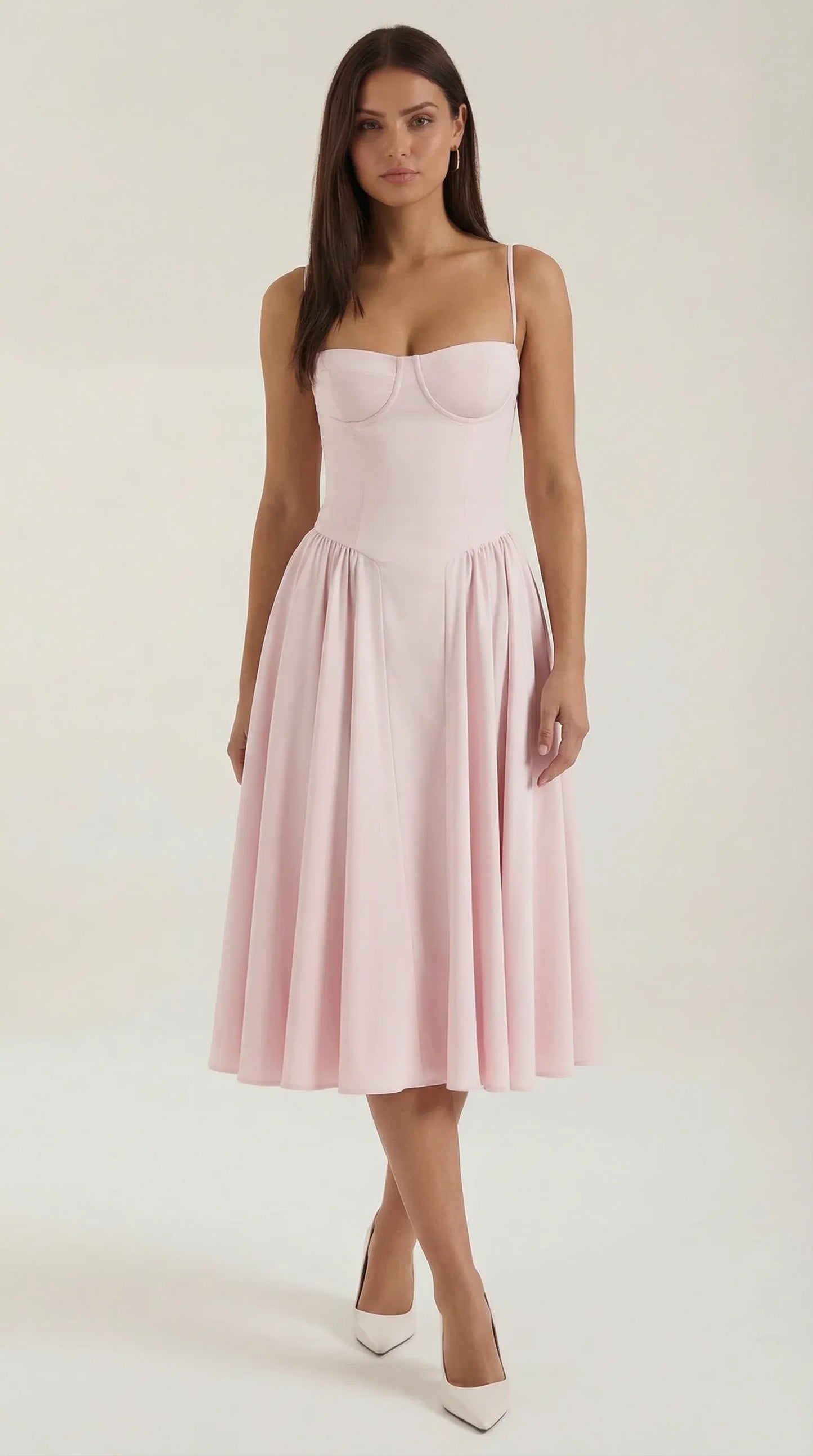 Women's Pleated Corset Midi Wedding Guest Dresses with Sweetheart Neckline