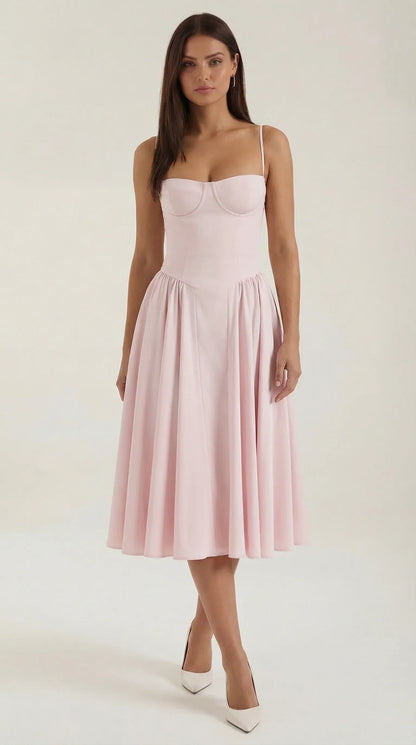 Women's Pleated Corset Midi Wedding Guest Dresses with Sweetheart Neckline