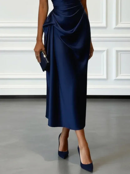 Women's Elegant Wrap Midi Wedding Guest Dress with One Shoulder