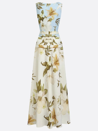 Women's Floral Pleated Maxi Wedding Guest Dress with Boat Neck
