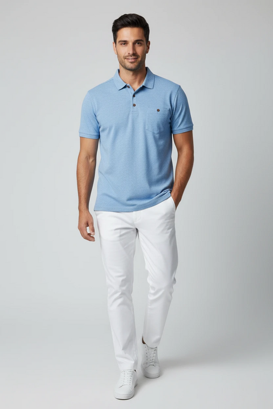 Men's Casual Polo Shirt with Short Sleeves and Button Pocket