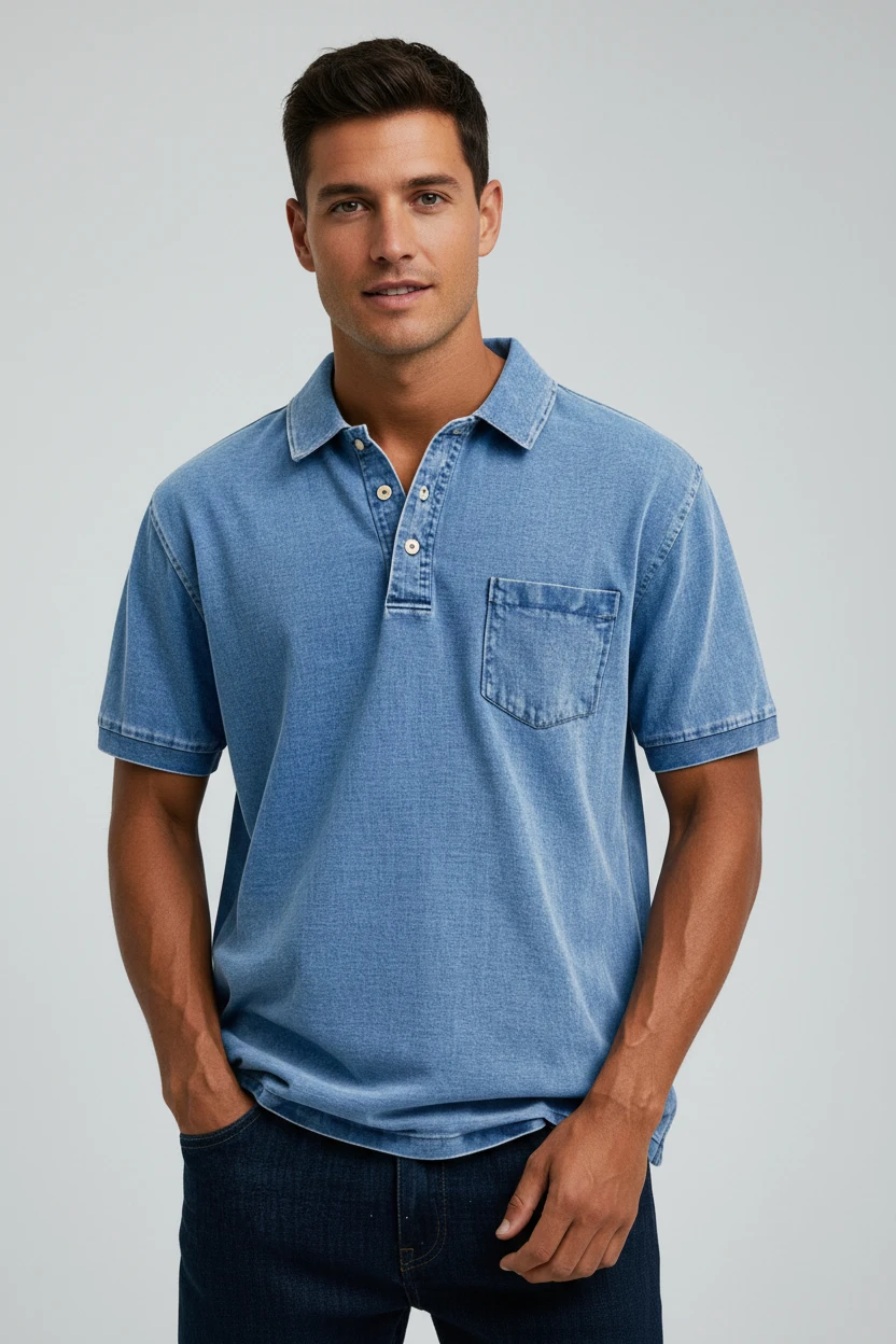 Men's Casual Polo Shirt with Short Sleeves and Chest Pocket