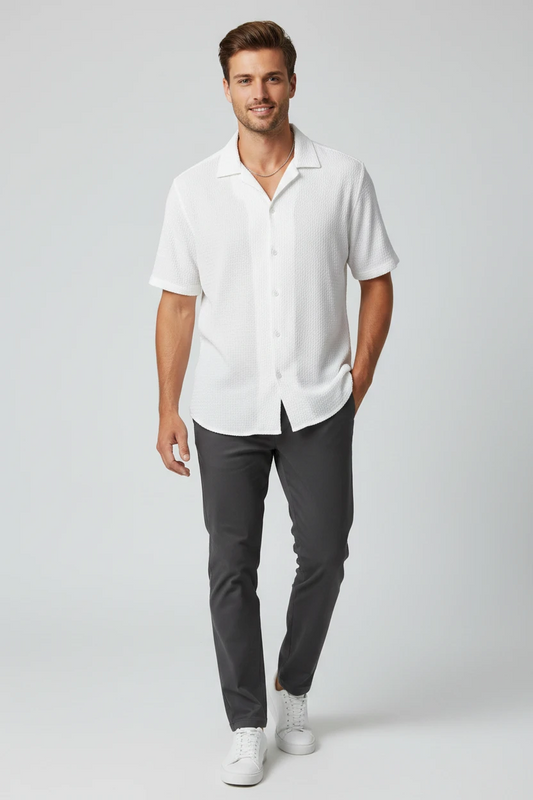 Men's Casual Shirt with Camp Collar and Short Sleeve