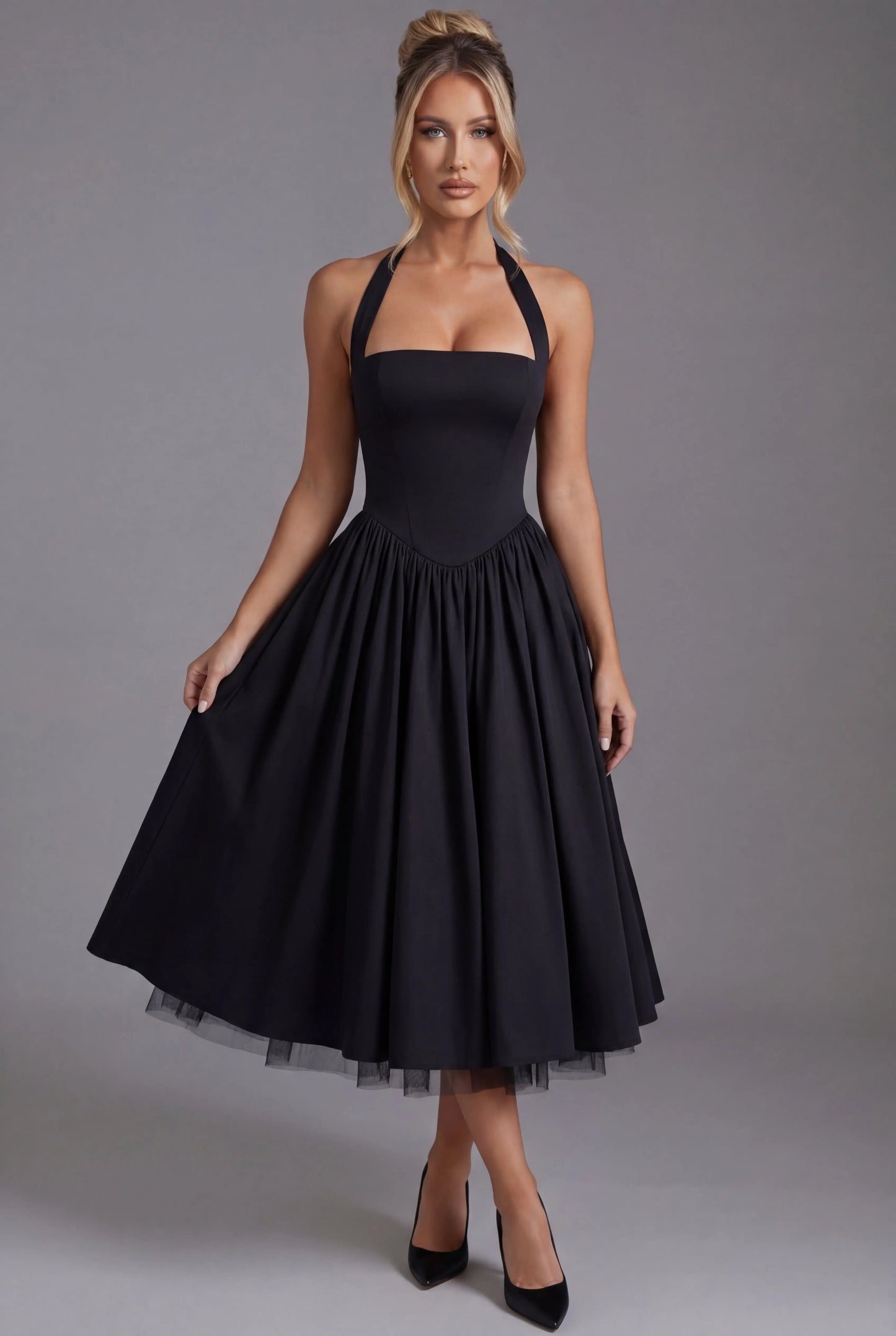 Women's A-Line Elegant Midi Wedding Guest Dress with Halter Neckline