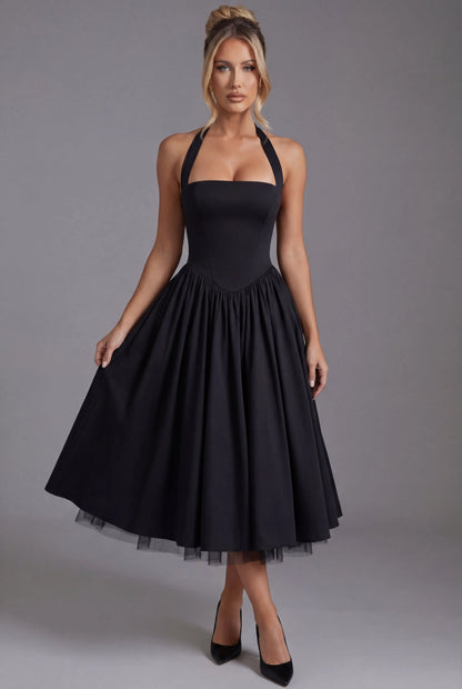Women's A-Line Elegant Midi Wedding Guest Dress with Halter Neckline