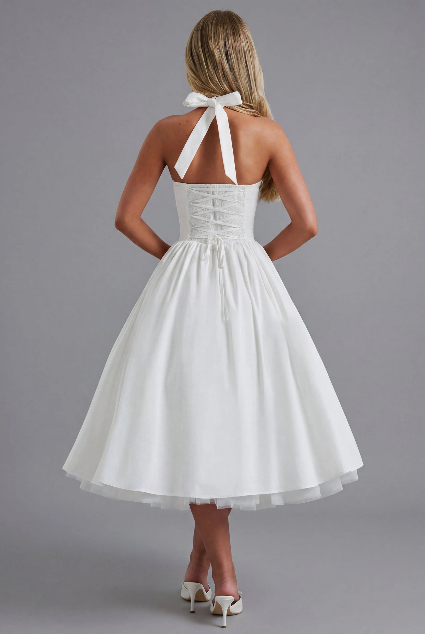 Women's A-Line Elegant Midi Wedding Guest Dress with Halter Neckline