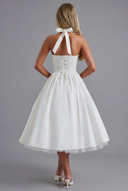 Women's A-Line Elegant Midi Wedding Guest Dress with Halter Neckline