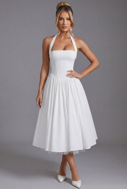 Women's A-Line Elegant Midi Wedding Guest Dress with Halter Neckline