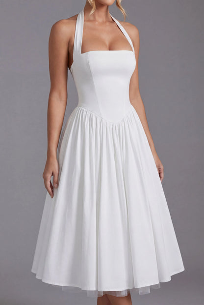 Women's A-Line Elegant Midi Wedding Guest Dress with Halter Neckline