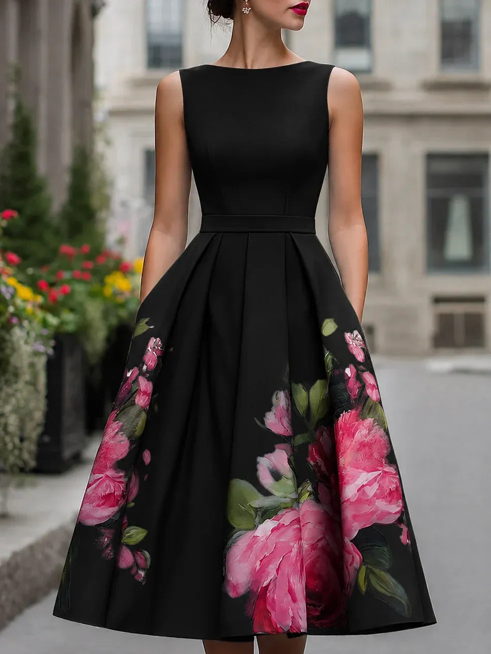Women's A-Line Floral Midi Wedding Guest Dress with Boat Neck