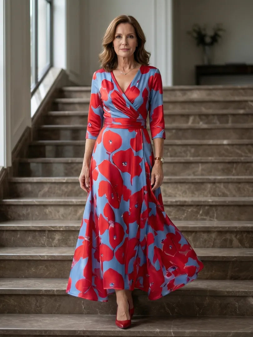 Women’s A-Line Wrap Midi Wedding Guest Dress with V-Neck
