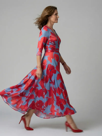 Women’s A-Line Wrap Midi Wedding Guest Dress with V-Neck
