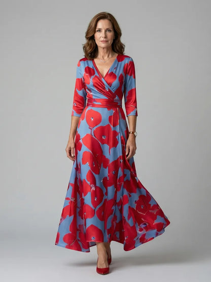Women’s A-Line Wrap Midi Wedding Guest Dress with V-Neck