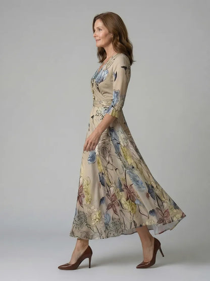 Women’s A-Line Wrap Midi Wedding Guest Dress with V-Neck